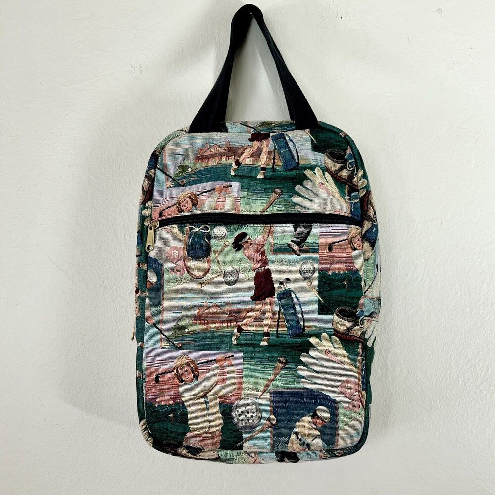 Vintage 90s Marlo Sport Tapestry Retro Golf Theme Top Handle Travel Bag 9"x13"